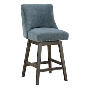 Granville 27 in. Wood Swivel Counter Stool with Grey Legs in Navy Fabric