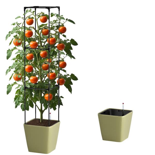 63 in. Raised Garden Bed Plastic Tomato Planter Box with Wheels Self-Watering Tomato Planter with Trellis, Beige-Square