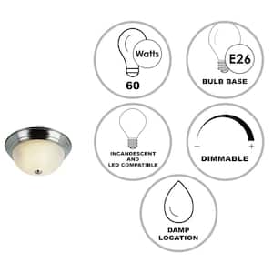 Browns 11 in. 2-Light Brushed Nickel Flush Mount Ceiling Light Fixture with White Marbleized Glass Shade