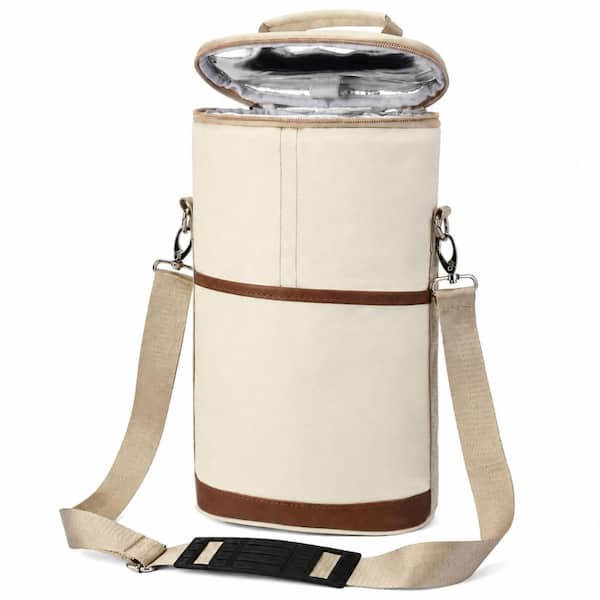 2-Bottle Insulated Padded Canvas Wine Tote Carrier Bag with Shoulder Strap in Cream, 8.3 x 4.3 x 13.2