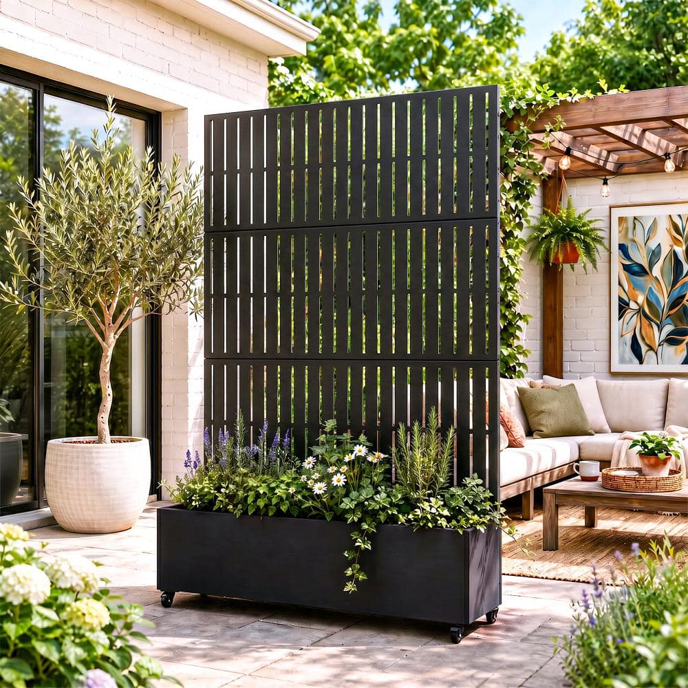 47 in. L x 16 in. W x 72 in. H Mobile Vertical Slat Fence Trellis Black Iron Rect Outdoor Planter (1-Pack) price history on PriceWatchPro