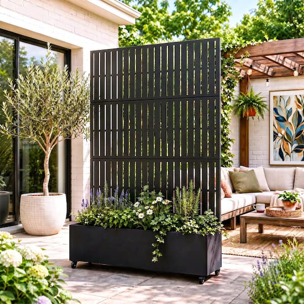 47 in. L x 16 in. W x 72 in. H Mobile Vertical Slat Fence Trellis Black Iron Rect Outdoor Planter (1-Pack)