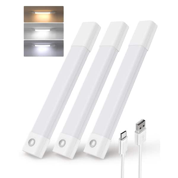 7.88 in. 3-Pack Battery Operated Wireless USB Charging White Integrated LED Linkable Under Cabinet Light, Closet Light