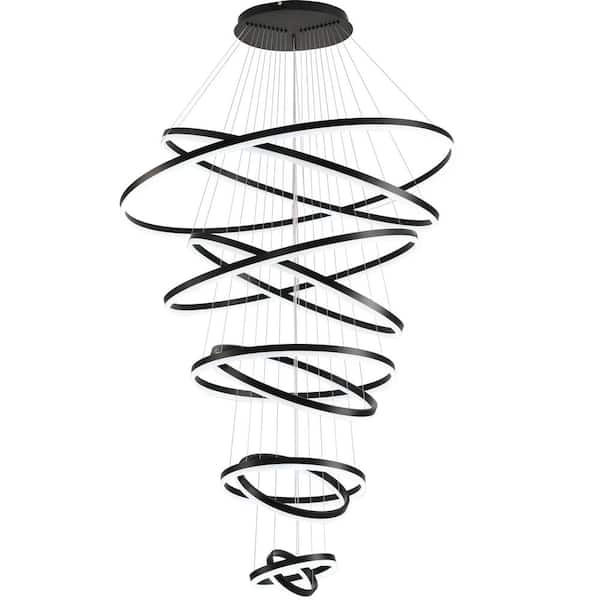 Modern Chandelier, 10 Ring Dimmable Integrated LED Black Chandelier for High Ceiling Chandelier for Entryway