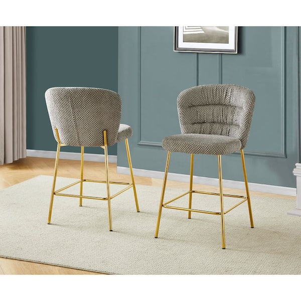 Danisha Grey Fluffy Fabric Counter Height Stool (Set of 2) with Gold Chrome Plated Legs