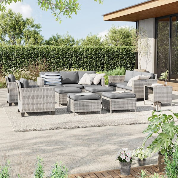 JOYESERY 9-Piece Gray Wicker Outdoor Seating Sofa Set with Coffee Table, Gray Cushions