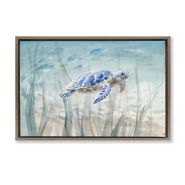 Undersea Turtle Swim by Danhui Nai Brown Floater Frame Animal Graphic Art Print 21 in. x 31 in.