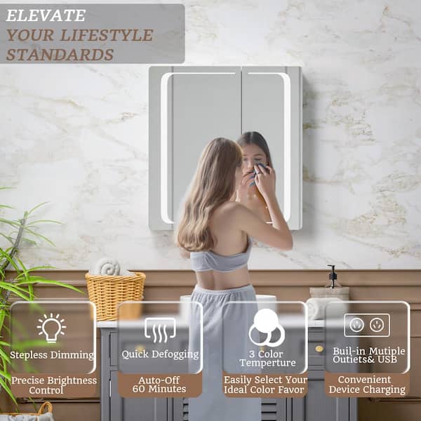 ExBrite Vogue 30 in. W x 32 in. H, Rectangular Silver Aluminum Recessed/Surface Mount Dimmable Medicine Cabinet with Mirror LED