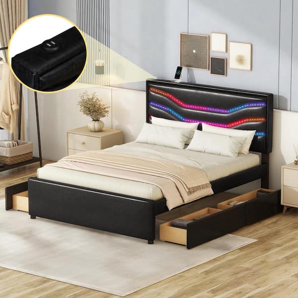 Polibi Black Wood Frame Queen Size Platform Bed with LED, 4-Drawers and USB Charging