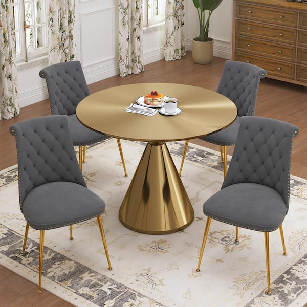 Boyel Living 5-Piece Round Gold MDF Top Table Set Seats 4 (4-Gray Dining Chairs)