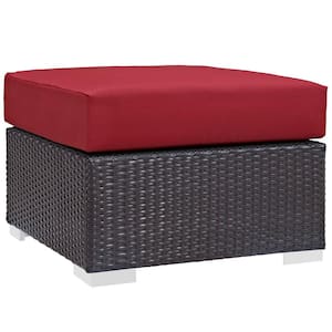 Convene Wicker Outdoor Patio Fabric Square Ottoman in Espresso with Red Cushion