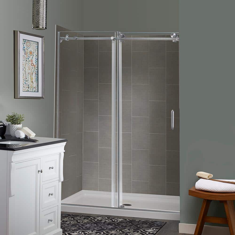 Marina Sliding 48 in. L x 34 in. W x 78 in. H Center Drain Alcove Shower Stall Kit in Quarry Brushed Nickel Hardware price history on PriceWatchPro