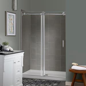 Marina Sliding 48 in. L x 34 in. W x 78 in. H Center Drain Alcove Shower Stall Kit in Quarry Brushed Nickel Hardware