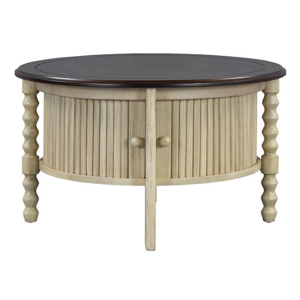 Beige Round Wood Outdoor Coffee Table with Sliding Door