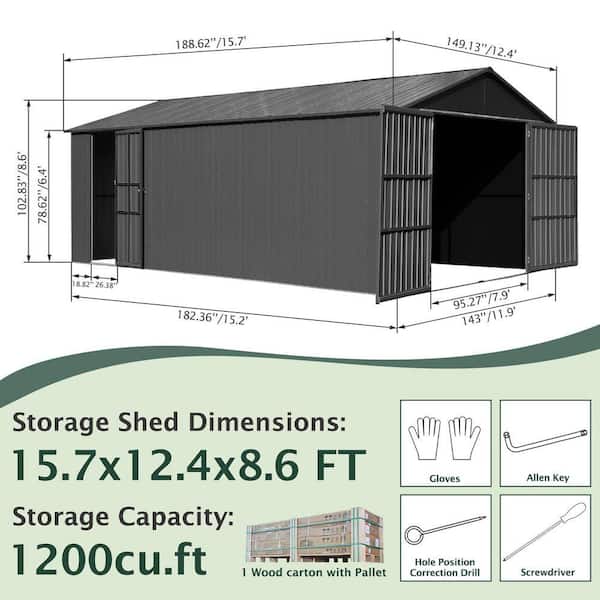 Gray 12 ft. x 15 ft. Extra Large Outdoor Metal Garage Shed with