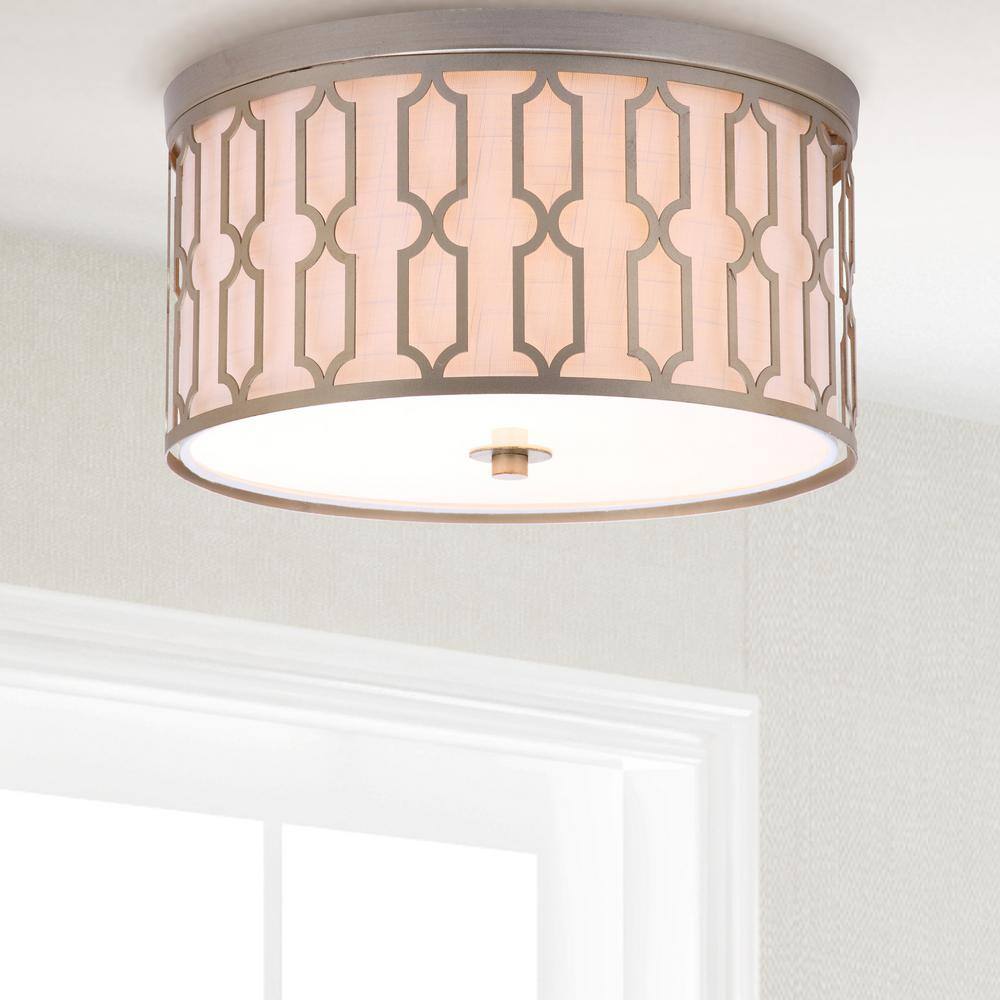 Soft Gold Geometric 3-Light LED Flush Mount with White Linen Shade