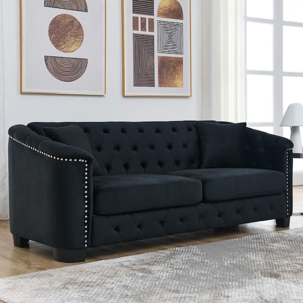 Fiora Modern 77 in. Rolled Arms Velvet Button Tufted Upholstered Rectangle Chesterfield 3-Seater Sofa in Black