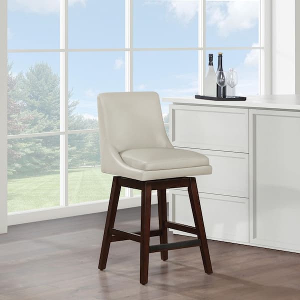 Allingham 27 in. Swivel Counter Stool with Dark Walnut Legs in Cream Faux Leather