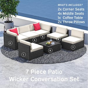 7-Piece Black Wicker Outdoor Sectional Patio Furniture Corner Sofa Set and Coffee Table with Off white Cushions