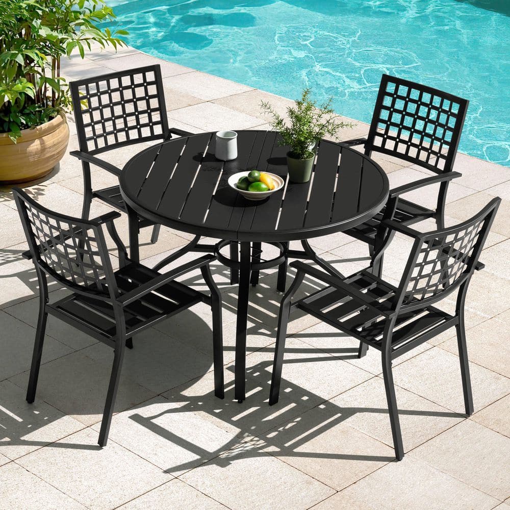 Nuu Garden Black 5-Piece Metal Round Outdoor Dining Set, 4