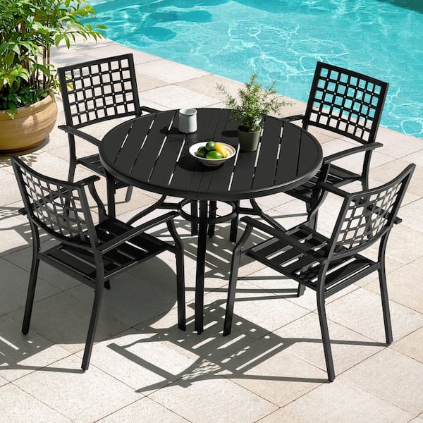 Black 5-Piece Metal Round Outdoor Dining Set, 4 Stackable Chairs and 41 Inch Round Dining Table with Umbrella Hole