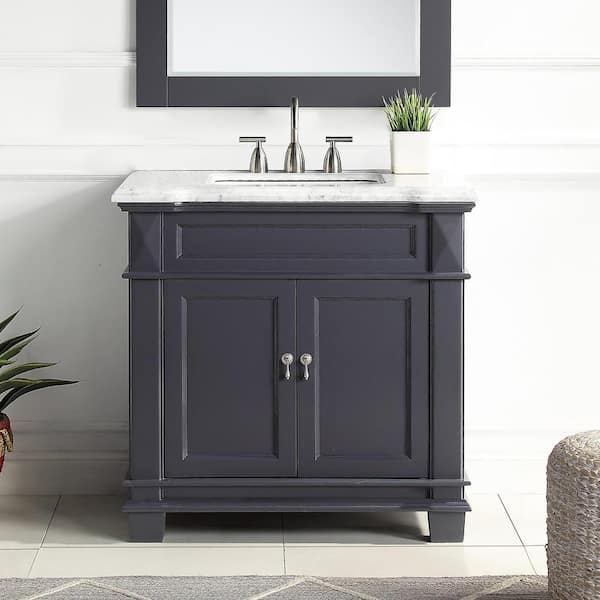HOMEVY STUDIO Dorian 36 in. W x 22 in. D x 35.63 in. H Single Sink Freestanding Bath Vanity in Charcoal Gray with Carrara Marble Top