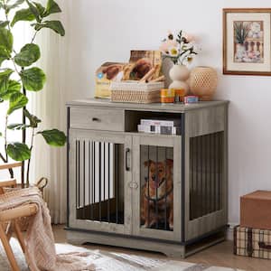 Gray Dog Crates Indoor Pet Crate End Tables Decorative Wooden Kennels with Removable Trays