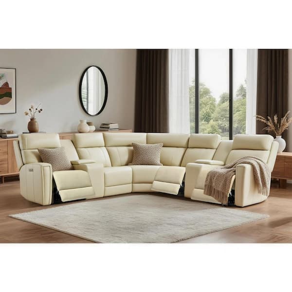 Ellesophas Rhett 116" in. Genuine Leather Power Recliner Sectional Sofa with USB&USB-C Port, 1 Power Armlesschair in. Cream