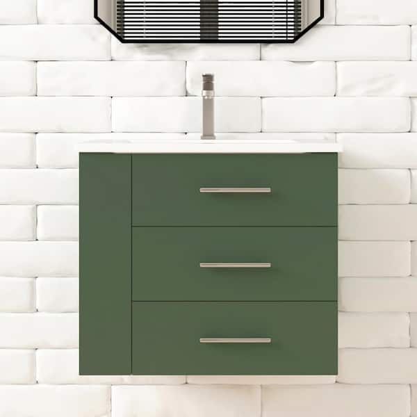 Rita 24.25 in. W Single Sink Wallmount Bath Vanity with White Ceramic Top Countertop in Forest Green w/ Left Side Shelf