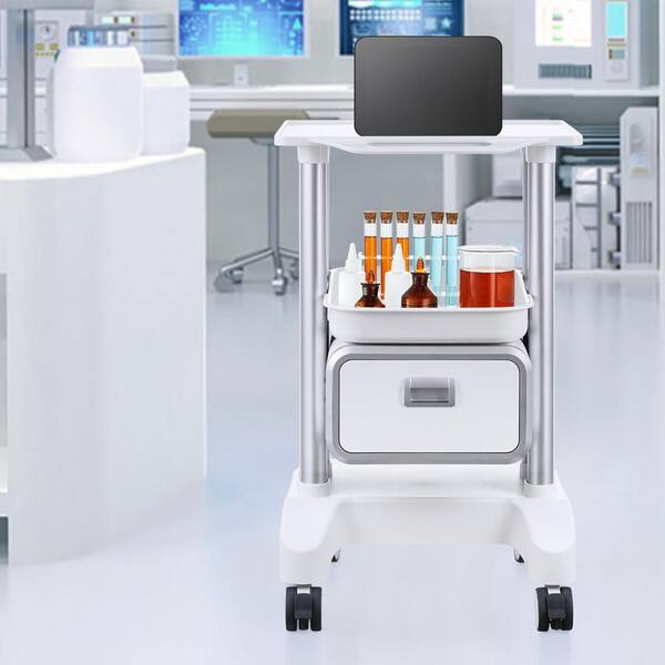 SKYSHALO 2-Tiers Lab Carts, White, Plastic, Kitchen Cart, with 1-Drawer and 1-Top Tray, Lab Rolling Cart, Mobile Medical Cart