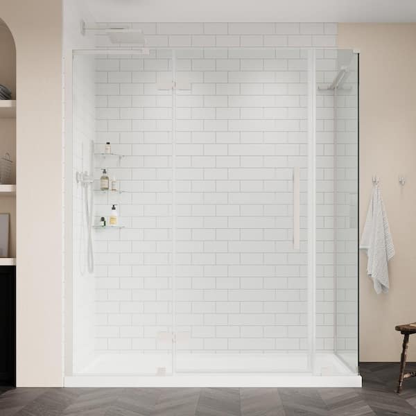 OVE Decors Tampa 60 in. L x 32 in. W x 75 in. H Corner Shower Kit w/ Pivot Frameless Shower Door in SN w/Shelves and Shower Pan