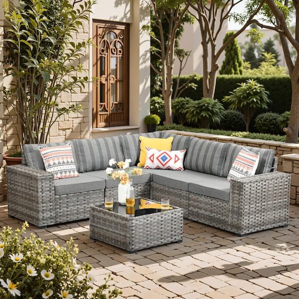 Baldwin Gray 6-Piece Wicker Wide Arm Outdoor Patio Conversation Sofa Sectional Seating Set with Gray Striped Cushions