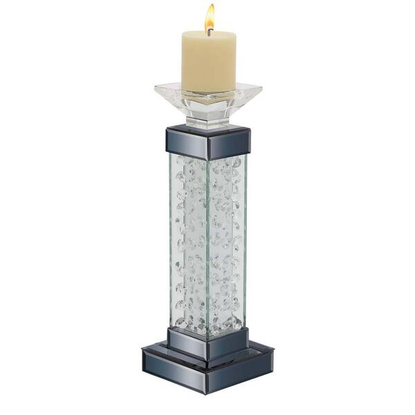 Litton Lane Silver Glass Pillar Candle Holder with Floating Crystals