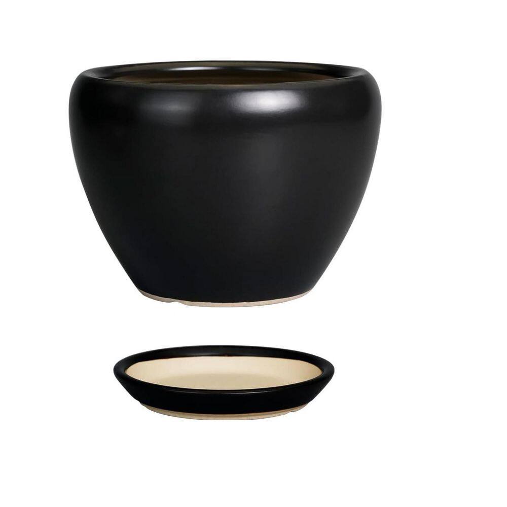 Black Ceramic Indoor/Outdoor Planter with Saucer (6.3 in. W x 4.4