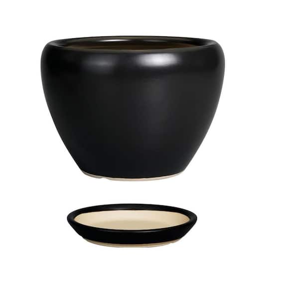 Black Ceramic Indoor/Outdoor Planter with Saucer (6.3 in. W x 4.4