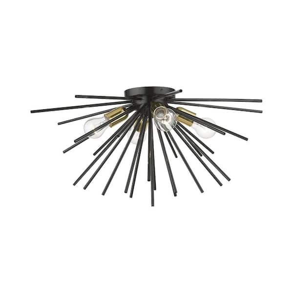 AVIANCE LIGHTING Ackard 25 in. 4-Light Shiny Black Large Flush Mount with Polished Brass Accents and Iron Pipe Rods