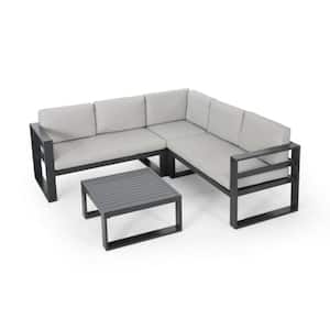 4-Piece Aluminum Outdoor V Shape Sofa Sectional Set with Square Coffee Table Gray Cushions for Garden Patio Porch