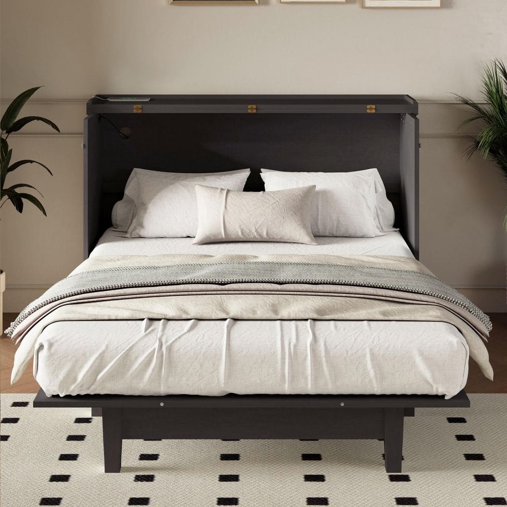 Polibi Gray Wood Frame Full Murphy Bed with Charging Station and Large Storage Drawer, Full
