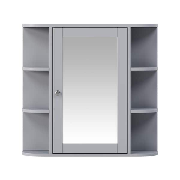 Gray 26 in. W x 24.75 in. H Rectangular Bathroom Wood Medicine Cabinet with Mirror and 6 Open Shelves