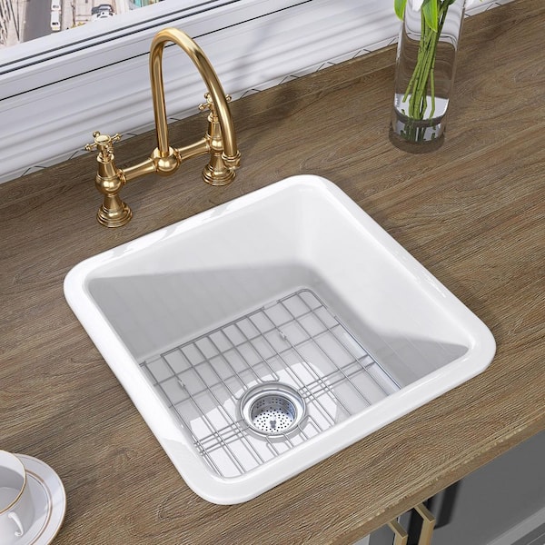 Arco 18 in. White Bar Sink Drop-In / Undermount Dual Mount Single Bowl Kitchen Sink Fireclay Small RV Prep Sink