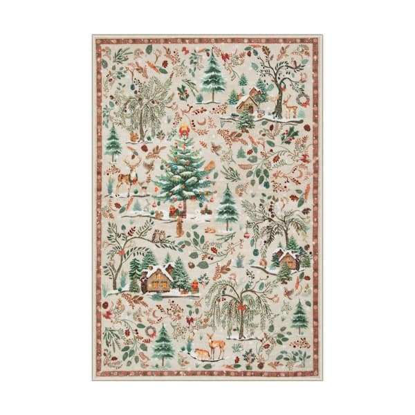 Christmas Woodland Forest Beige Trees Animals Snowflake Non-Slip 3 ft. x 5 ft. Living Room/Bedroom Indoor Area Rug