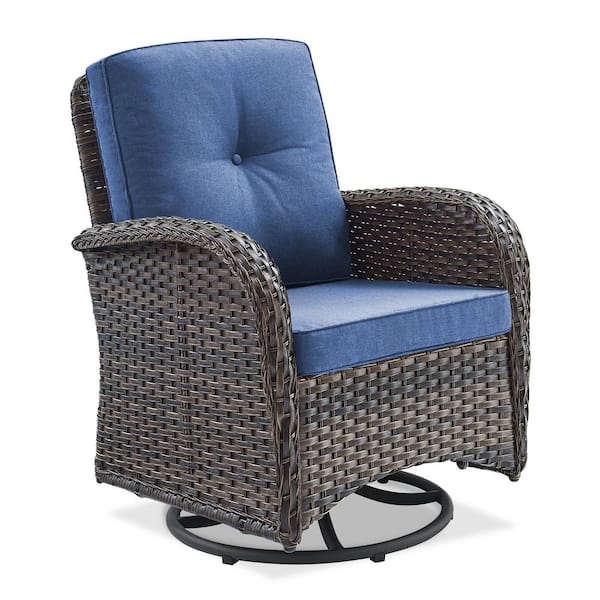 Brown Wicker Outdoor Rocking Chair, Patio Swivel Rocking Chair with Navy Blue Cushions for Porch or Balcony (1-Pack)