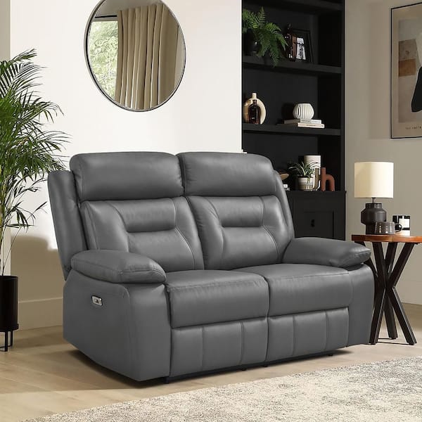 Emillia 62.5 in. W Dark Gray Leather Power Double Reclining 2-Seater Loveseat