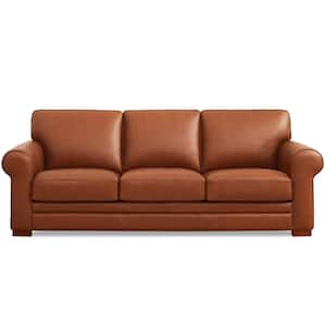 Brookfield 95 in. Round Arm Top Grain Leather Rectangle 3-Seater Sofa in. Cinnamon Brown