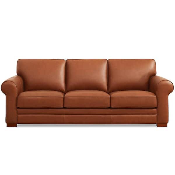 Hydeline Brookfield 95 in. Round Arm Top Grain Leather Rectangle 3-Seater Sofa in. Cinnamon Brown