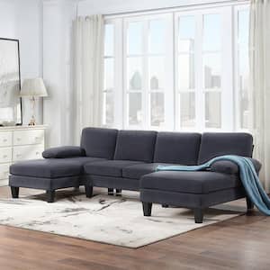 112 in. U-Shaped Granular Velvet Modern Sectional Sofa in Dark Gray with Double Chaise