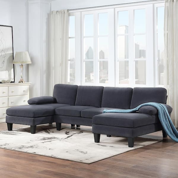 Harper & Bright Designs 112 in. U-Shaped Granular Velvet Modern Sectional Sofa in Dark Gray with Double Chaise