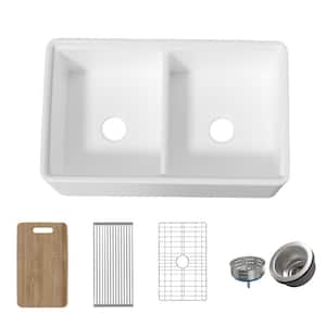 Workstation Kitchen Sink 33 in. Apron Front Double Bowl White Fireclay Farm Sink With Bottom Grids and Cutting Board