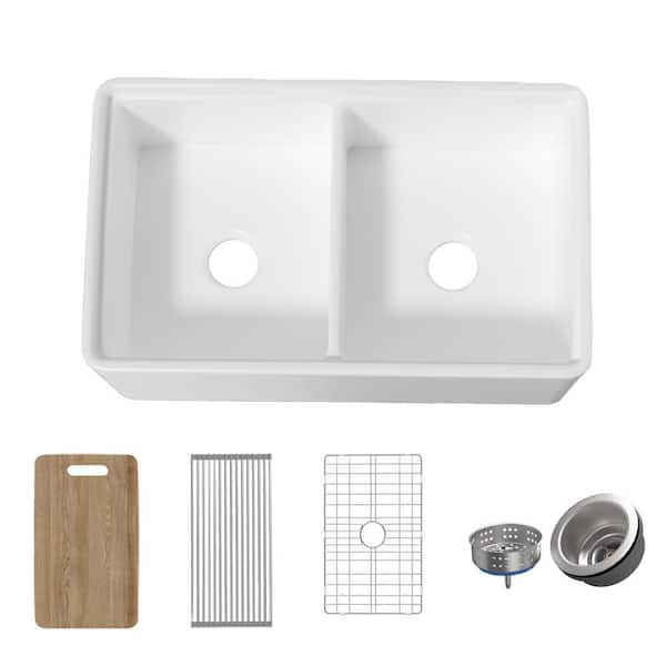 HOMLYLINK Workstation Kitchen Sink 33 in. Apron Front Double Bowl White Fireclay Farm Sink With Bottom Grids and Cutting Board