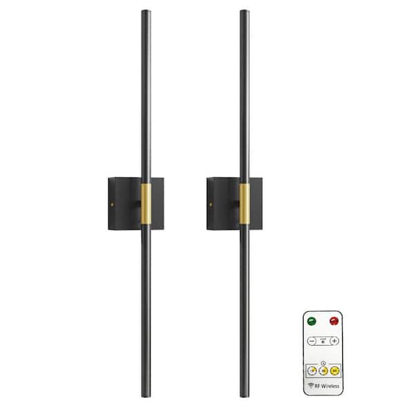 2-Light Black Gold Dimmable Timing LED Wall Sconce with Remote Control, Wireless Installation (2-Pack)
